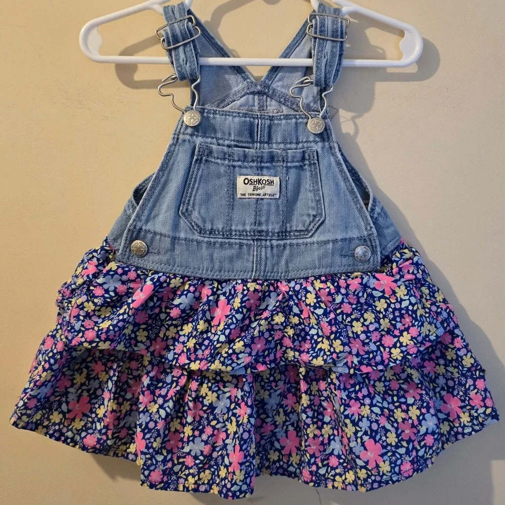 OshKosh Bgosh Baby Girls 12M Denim Floral Tiered Ruffle Overall Jumper Dress